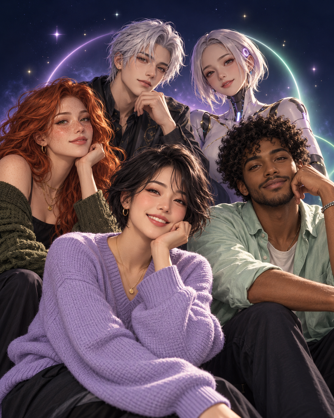 Five fictional adult AI companions with welcoming expressions, illustrating friendship and connection on Lumos AI